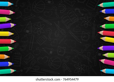 Concept of school background with coloured pencils and funny sketch. Vector.