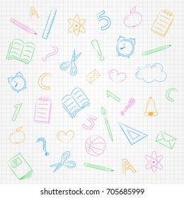 Concept of school background with doodles on checked paper. Vector.