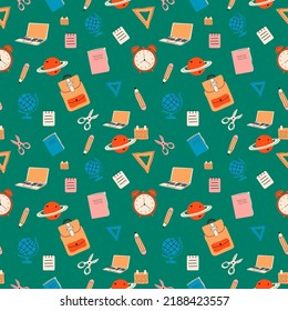 Concept of school background. Seamless pattern with doodles in color. Vector.Modern flat cartoon style.