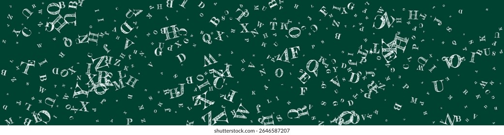 Concept of school background. White chalk  falling letters of English language. Foreign languages study concept. Back to school banner on blackboard background.