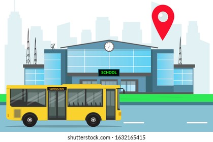 the concept of a school bus with a modern school building. vector illustration of design