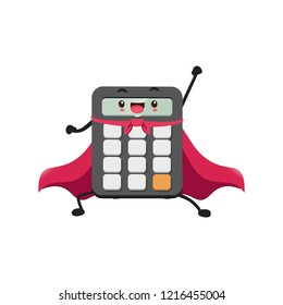 Concept of school funny office supplies. Happy calculator with face. Cartoon happy school character funny modern electronic calculator, waving his arms, smiling. Modern education. Vector illustration.