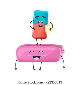 Concept of school funny office supplies. Happy eraserwith face. Cartoon happy school character funny beautiful eraser, laugh, smile, one stands on the other. Modern education. Vector illustration.