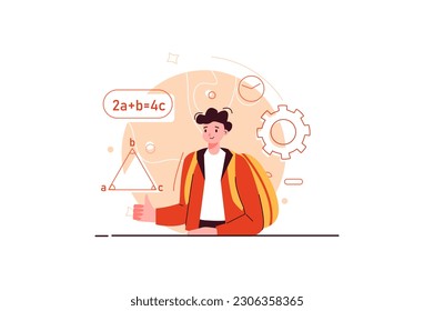 Concepto Aprendizaje escolar con personas escena en el diseño de caricaturas planas. El chico va a una clase de matemáticas para obtener nuevos conocimientos. Ilustración vectorial.