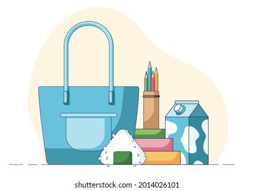Concept of a school lunch, onigiri and milk in front of a multi-coloured books, pencils and blue shopper bag. Illustration in a flat style isolated on an abstract yellow background.Vector illustration