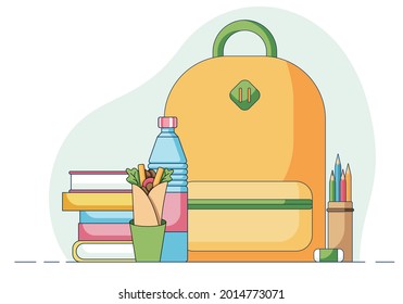 Concept of a school lunch, roll with bottle of water in front of a multi-coloured books and yellow backpack, pencils and ruler . illustration in a flat style isolated on an abstract blue background.