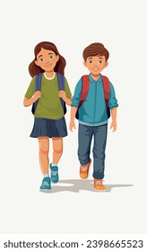 Concept of school, study, education, friendship, childhood. Children go to school for study. Beginning of school lessons. Brother and sister go to school together