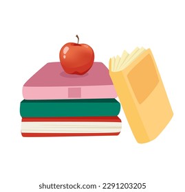 Concept School supplies education books. The illustration is a flat vector design of school supplies featuring a stack of colorful education books on a white background. Vector illustration.