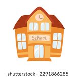 Concept School supplies education building. The illustration is a flat vector cartoon design of a school building, with windows, doors, and a clock tower. Vector illustration.