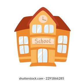 Concept School supplies education building. The illustration is a flat vector cartoon design of a school building, with windows, doors, and a clock tower. Vector illustration.