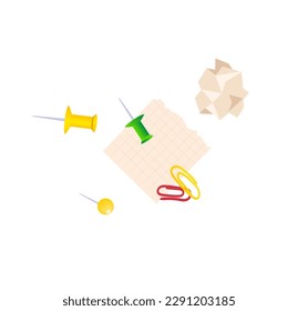 Concept School supplies education notes pins and paperclips. The illustration is a flat, vector image of various school supplies related to education. Vector illustration.