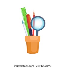 Concept School supplies education pencils, pens, ruler. This illustration is a flat vector design of school supplies with the concept of education. Vector illustration.