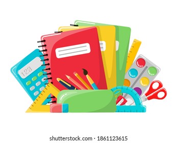 The concept of school supplies. In the style of a cartoon. Isolated on a white background. Stationery.