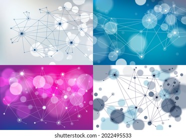 Concept of the science, chemistry, biology, medicine, technology 3d connection mesh backgrounds set. With blurred defocused round lights textures. Vector abstract virtual particles structures.
