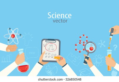 The concept of science and education. Scientists with molecules, formula, bulb, vector illustration.