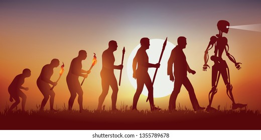 Concept of science fiction and artificial intelligence with the symbol of Darwin showing evolution from primitive man to modern man, up to android