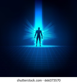 concept of science fiction theme, silhouette man stepping out the door of light, key to science success