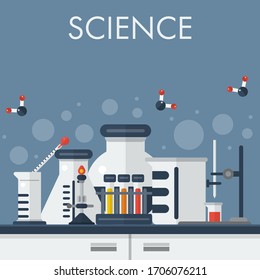 Concept science flat design vector illustration. Laboratory equipment and glassware on the table. Chemistry experiment set.
