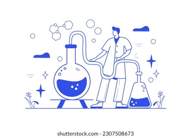 El laboratorio de ciencias conceptuales con la escena de personas en el diseño de caricaturas planas. Un científico realiza experimentos químicos con sustancias contenidas en dos frascos. Ilustración vectorial.