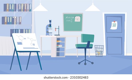 Concept Science lab. This illustration features a flat, cartoon-style design with a science laboratory in the background. Vector illustration.