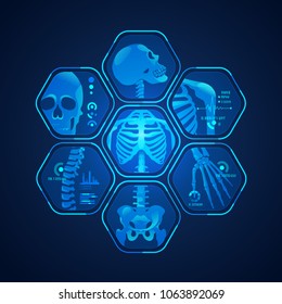 concept of science tehnology advencement, graphic of body scan with skeleton x-ray