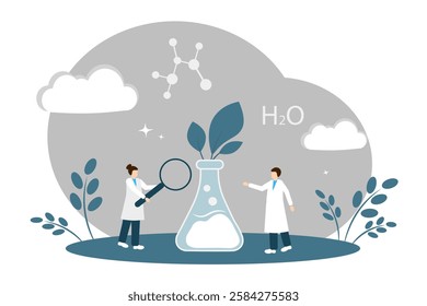 The concept of scientific research in the field of biology, chemistry and botany. Two scientists study plant growth.