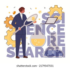 Concept of scientific research. Scientist is engaged in search and development, conducts tests and experiments in laboratory. Business at intersection of science and technology.  Vector character.