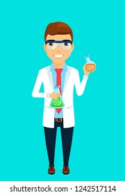 The concept of the scientist. A young scientist holding a test tube with chemicals. Flat style. Cartoon.
