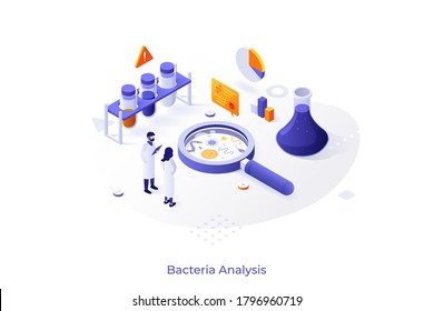 Concept with scientists and lab equipment. Microbiology service for bacteria analysis, bacteriological research laboratory. Isometric infographic design template. Vector illustration for website.