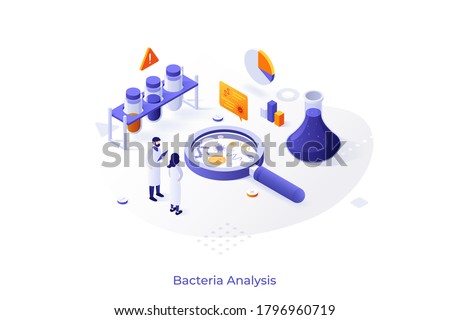 Concept with scientists and lab equipment. Microbiology service for bacteria analysis, bacteriological research laboratory. Isometric infographic design template. Vector illustration for website.