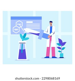 Concept of scientists working in laboratory. Man in white coat standing in laboratory near board with diagram, holding pipette and pointing to research data. Vector flat illustration in blue colors