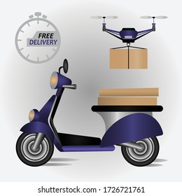 Concept for scooter delivery service. Delivery drone with the package. Quadcopter transportation of goods.
