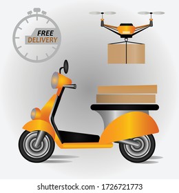 Concept for scooter delivery service. Delivery drone with the package. Quadcopter transportation of goods.