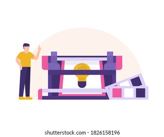 the concept of a screen printing service business. illustration of a man standing and using a printing press to print a light bulb image or idea. flat style. design elements.