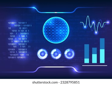 Concept of screen technology. showcases a central circle surrounded by dynamic wave line elements, graph charts, and numerical codes, representing the cutting-edge world of technology.