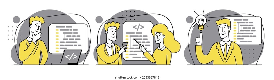 Concept of script coding, programming. JavaScript, PHP, Python, HTML, other languages. Programmer working on web development on laptop. Software developers. Set of Flat vector cartoon illustrations