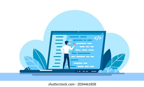 Concept of script coding and programming. JavaScript, PHP, Python, HTML, other languages. Programmer working on web development on the laptop. Software developers. Flat vector cartoon illustration.