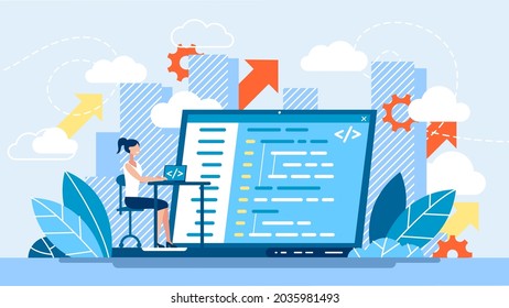 Concept of script coding, programming. A programming language. Programmer working on web development on the laptop. Software developers. Flat vector cartoon illustration. Workplace of the programmer. 
