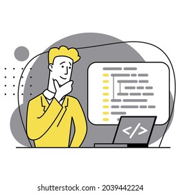 Concept of script coding, programming. A programming language. Programmer working on web development on computer. Software developers. Workplace of the programmer. Flat vector illustrations