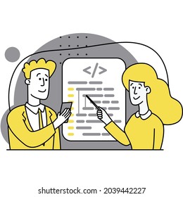 Concept of script coding, programming. A programming language. Programmer working on web development on computer. Software developers. Workplace of the programmer. Flat vector illustrations