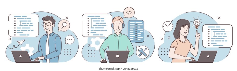 Concepto de codificación de guiones, programación. Un lenguaje de programación. Programador trabajando en el desarrollo web en informática. Desarrolladores de software. Lugar de trabajo del programador. Conjunto de ilustraciones vectoriales planas