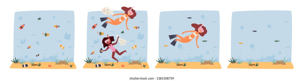 Concept of sea pollution with plastic. A bag at the bottom of the ocean. The girl collects garbage under water. African American woman in mask. Ecological problem. Vector Cartoon set flat.