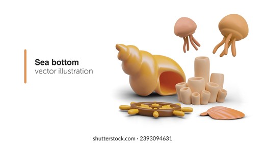 Konzept des Meeresbodens. 3D-Vektorschalen, Kammmuscheln, Schwamm, Quallen, Schiffsruder. Einzige Zusammensetzung auf weißem Hintergrund, Ort für Text. Untersuchung des Meeresbodens