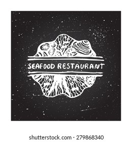 Concept for seafood restaurants. Detailed handdrawn zentangle element on chalkboard background.  Suitable for ads, signboards, gift cards, price lists, menus, and brand identity design