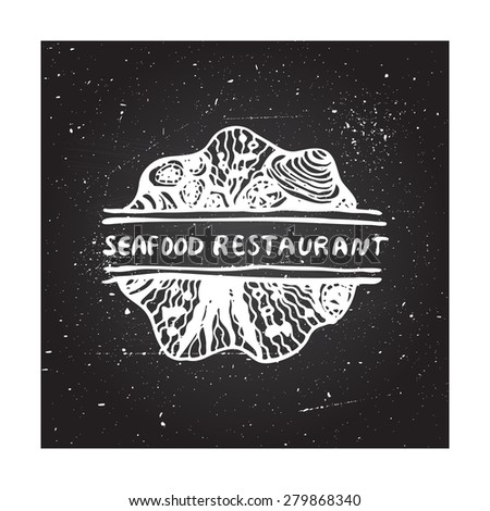 Concept for seafood restaurants. Detailed handdrawn zentangle element on chalkboard background.  Suitable for ads, signboards, gift cards, price lists, menus, and brand identity design