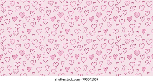 Concept of seamless background with hand drawn hearts. Vector.