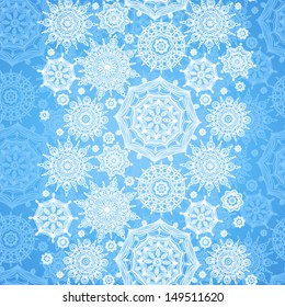 Concept seamless border with snowflakes. Light winter background. It can be used for decorating of invitations, greeting cards, decoration for bags.