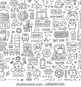IT concept seamless pattern background for your design. Programming coding, software development for web and mobile app. Code, programmer, developer, information technology, coder, retro computer and