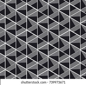 Concept Seamless Pattern With Black And White Geometry Triangle. Simple 3d Illusion Abstract Geometry Line Motif
