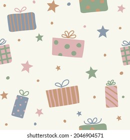 Concept of a seamless pattern with Christmas gift boxes. Xmas background. Vector